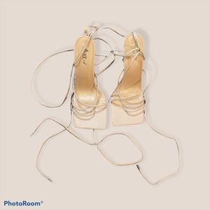 Sexy Cream Strappy Square Heels